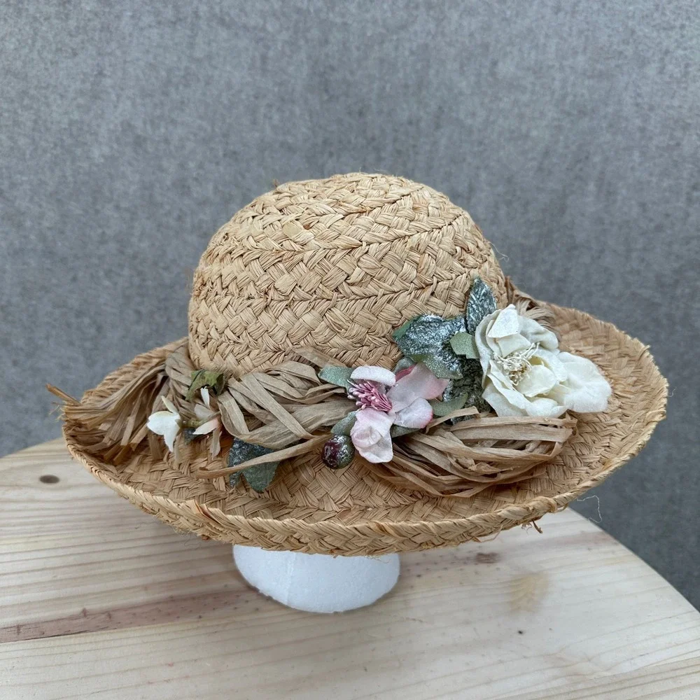 Cappelli Straw Sun Hat OS Tan Floral Raffia Bow Wide Brim Beach Hat Flowers